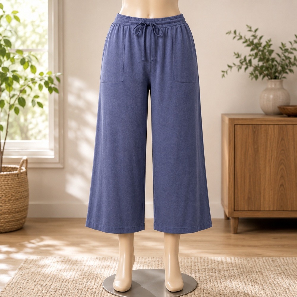 Belle Kim Gravel Crop Lounge Pants Womens Large Blue Drawstring Wide Leg 2799